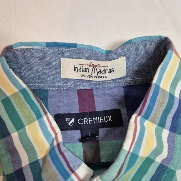 Cremieux Shirt Men's Size L Indian Madras Plaid  Short Sleeve Cotton Green (02) - Picture 9 of 11